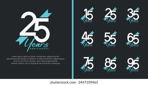 set of anniversary logo white color number and blue ribbon on black background for celebration