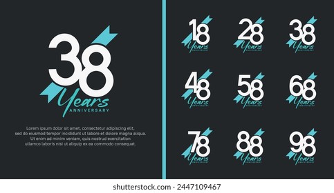 set of anniversary logo white color number and blue ribbon on black background for celebration