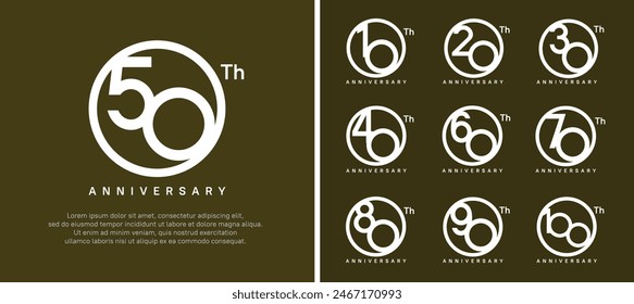 set of anniversary logo white color number in circle and white text on brown background for celebration