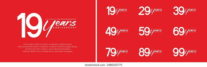 set of anniversary logo white color number and white text on red background for celebration