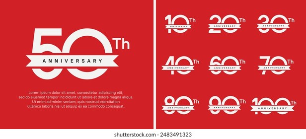 set of anniversary logo white color number and white ribbon on red background for celebration