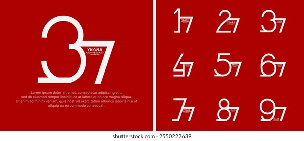 Conjunto de logotipo de aniversario color blanco sobre fondo rojo para el momento de la celebración