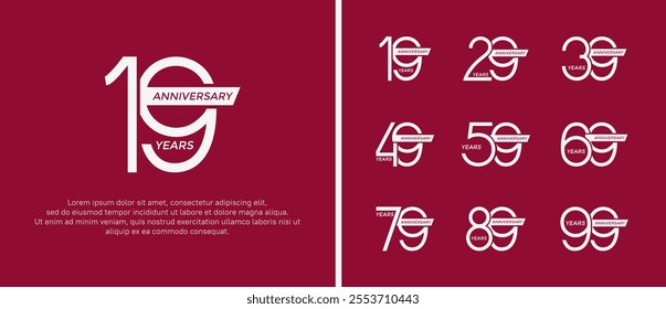 set of anniversary logo white color and ribbon on red background for celebration moment