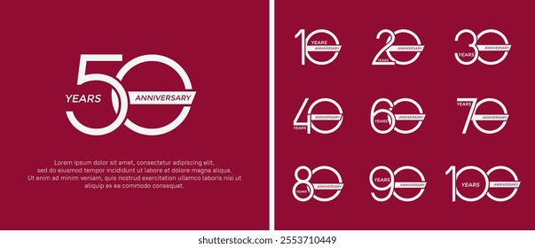 set of anniversary logo white color and ribbon on red background for celebration moment