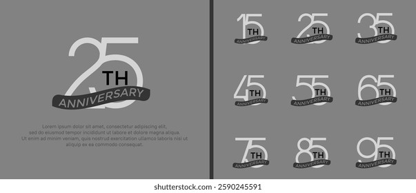 set of anniversary logo white color and black ribbon on gray background for celebration moment