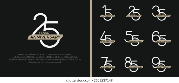 set of anniversary logo white color and brown ribbon on black background for celebration moment
