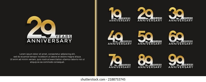 set of anniversary logo white gold color on black background for celebration moment