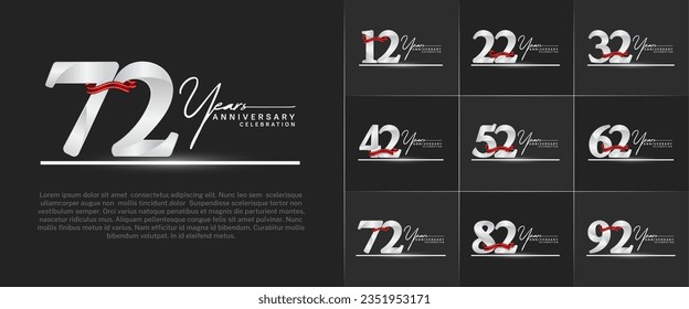 set of anniversary logo with white number and red ribbon, handwriting text can be use for celebration
