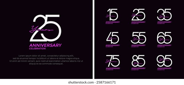 set of anniversary logo white and purple color on black background for celebration moment