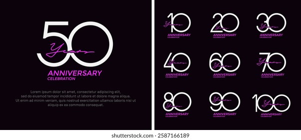 set of anniversary logo white and purple color on black background for celebration moment