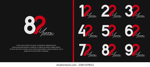 set of anniversary logo white and red color on black background for celebration moment