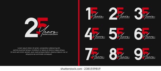 set of anniversary logo white and red color on black background for celebration moment