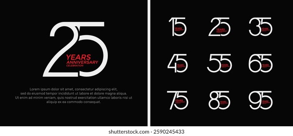 set of anniversary logo white and red color on black background for celebration moment