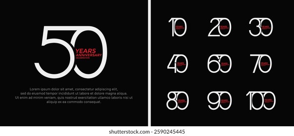 set of anniversary logo white and red color on black background for celebration moment