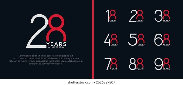 set of anniversary logo white and red color on black background for celebration moment