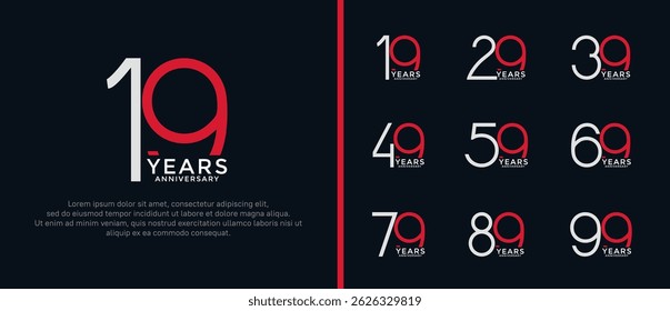 set of anniversary logo white and red color on black background for celebration moment