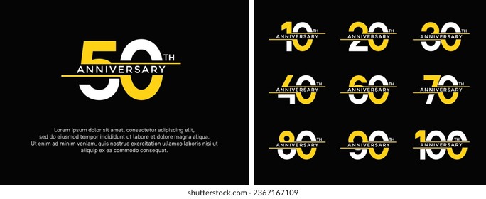 conjunto de logotipo de aniversario color blanco y amarillo sobre fondo negro para momento de celebración