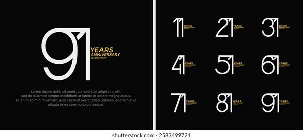 set of anniversary logo white and yellow color on black background for celebration moment