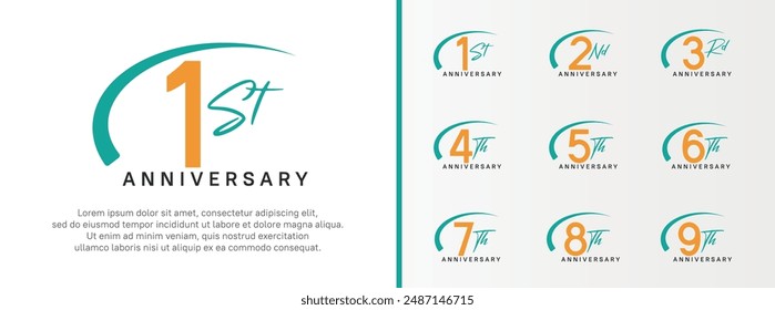 set of anniversary logo yellow color number and green swoosh on white background for celebration