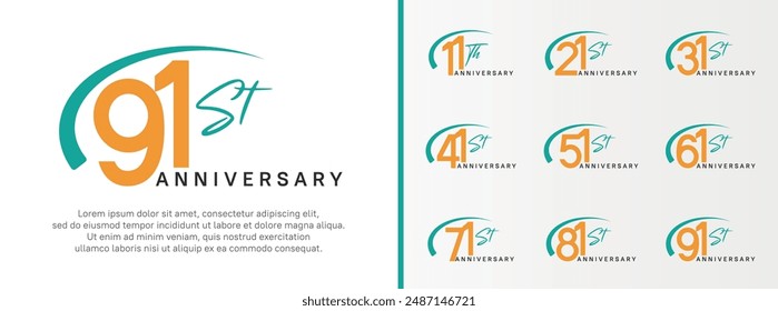 set of anniversary logo yellow color number and green swoosh on white background for celebration