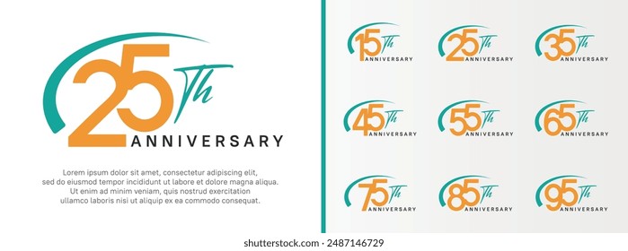 set of anniversary logo yellow color number and green swoosh on white background for celebration