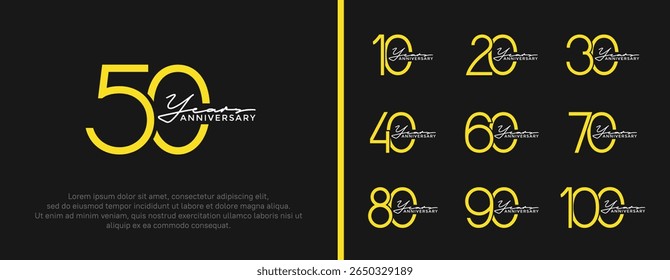 set of anniversary logo yellow color on black background for celebration moment