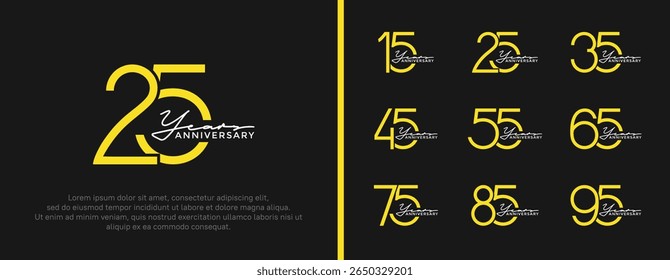 set of anniversary logo yellow color on black background for celebration moment