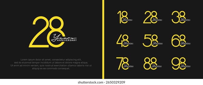 set of anniversary logo yellow color on black background for celebration moment