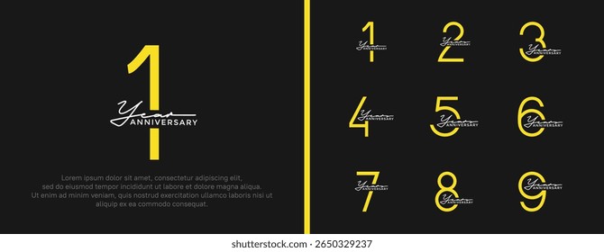 set of anniversary logo yellow color on black background for celebration moment