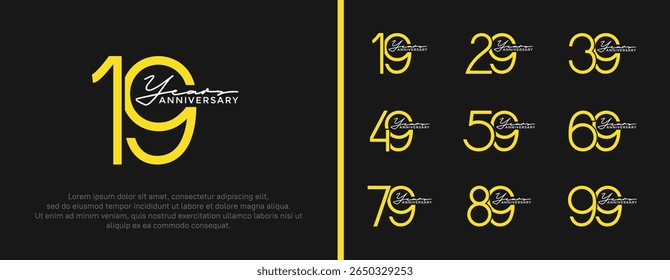 set of anniversary logo yellow color on black background for celebration moment