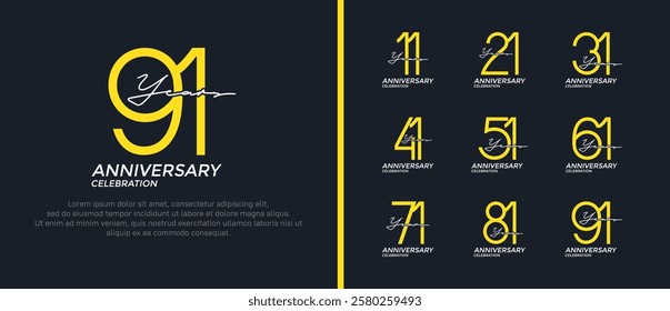 set of anniversary logo yellow and white color on black background for celebration moment