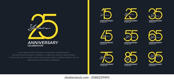 set of anniversary logo yellow and white color on black background for celebration moment