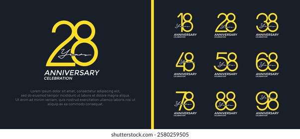 set of anniversary logo yellow and white color on black background for celebration moment