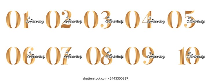 set of anniversary logos from 1 year to 10 years with gold numbers on a white background for celebratory moments