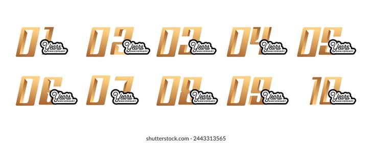 set of anniversary logos from 1 year to 10 years with gold numbers on a white background for celebratory moments