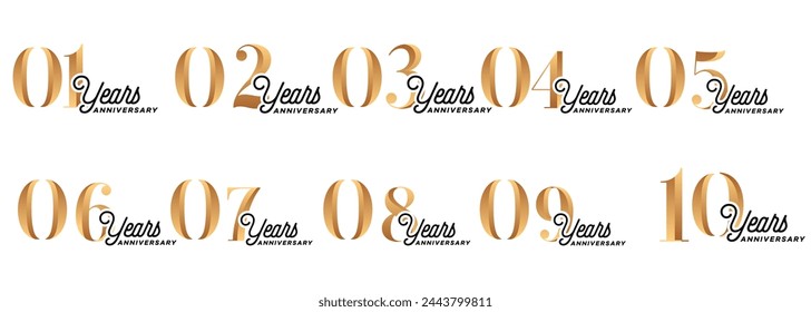 conjunto de logotipos de aniversario de 1 año a 10 años con números de oro en un fondo blanco para momentos de celebración