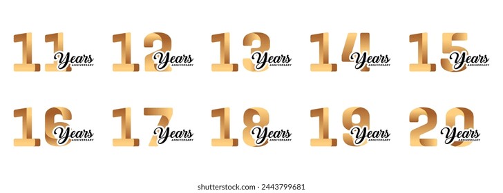 set of anniversary logos from 11 year to 20 years with gold numbers on a white background for celebratory moments
