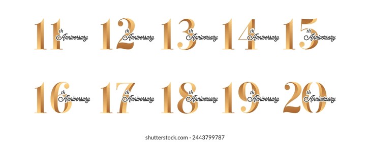 set of anniversary logos from 11 year to 20 years with gold numbers on a white background for celebratory moments