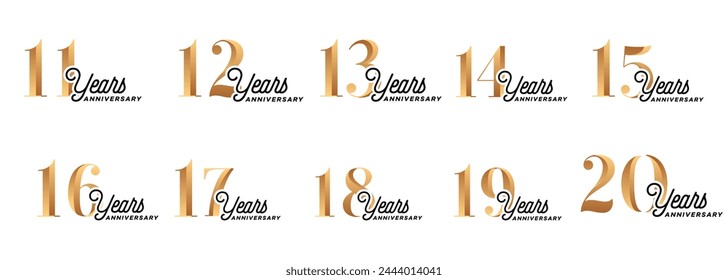 set of anniversary logos from 11 year to 20 years with gold numbers on a white background for celebratory moments