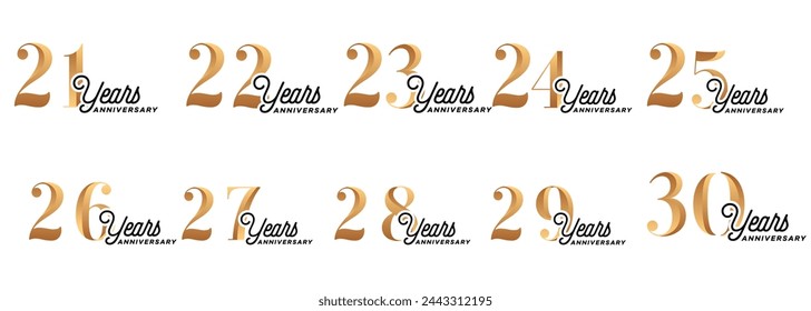 conjunto de logotipos de aniversario de 21 a 30 años con números de oro sobre fondo blanco para momentos de celebración