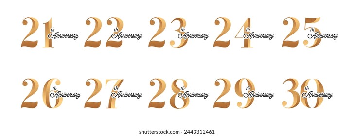 set of anniversary logos from 21 year to 30 years with gold numbers on a white background for celebratory moments