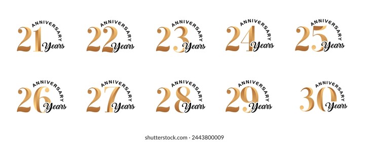 set of anniversary logos from 21 year to 30 years with gold numbers on a white background for celebratory moments