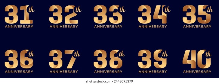 set of anniversary logos from 31 year to 40 years with gold numbers on a black background for celebratory moments,celebration event.