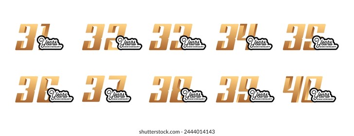 set of anniversary logos from 31 year to 40 years with gold numbers on a white background for celebratory moments,celebration event.