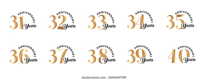 set of anniversary logos from 31 year to 40 years with gold numbers on a white background for celebratory moments,celebration event.