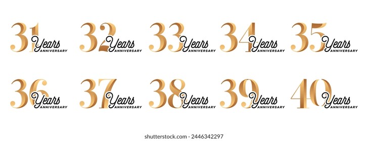 set of anniversary logos from 31 year to 40 years with gold numbers on a white background for celebratory moments,celebration event.