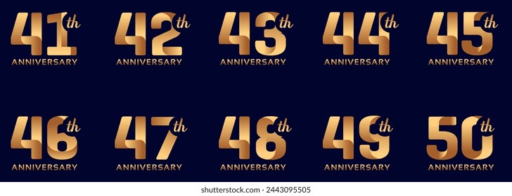 set of anniversary logos from 41 year to 50 years with gold numbers on a black background for celebratory moments,celebration event.