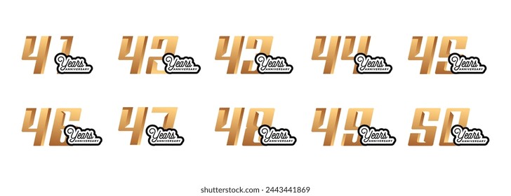 Conjunto de logotipos de aniversario de 41 años a 50 años con números de oro en un fondo blanco para momentos de celebración, evento de celebración.