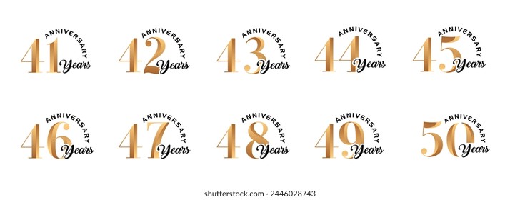 set of anniversary logos from 41 year to 50 years with gold numbers on a white background for celebratory moments,celebration event.