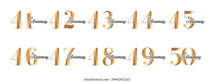 set of anniversary logos from 41 year to 50 years with gold numbers on a white background for celebratory moments,celebration event.